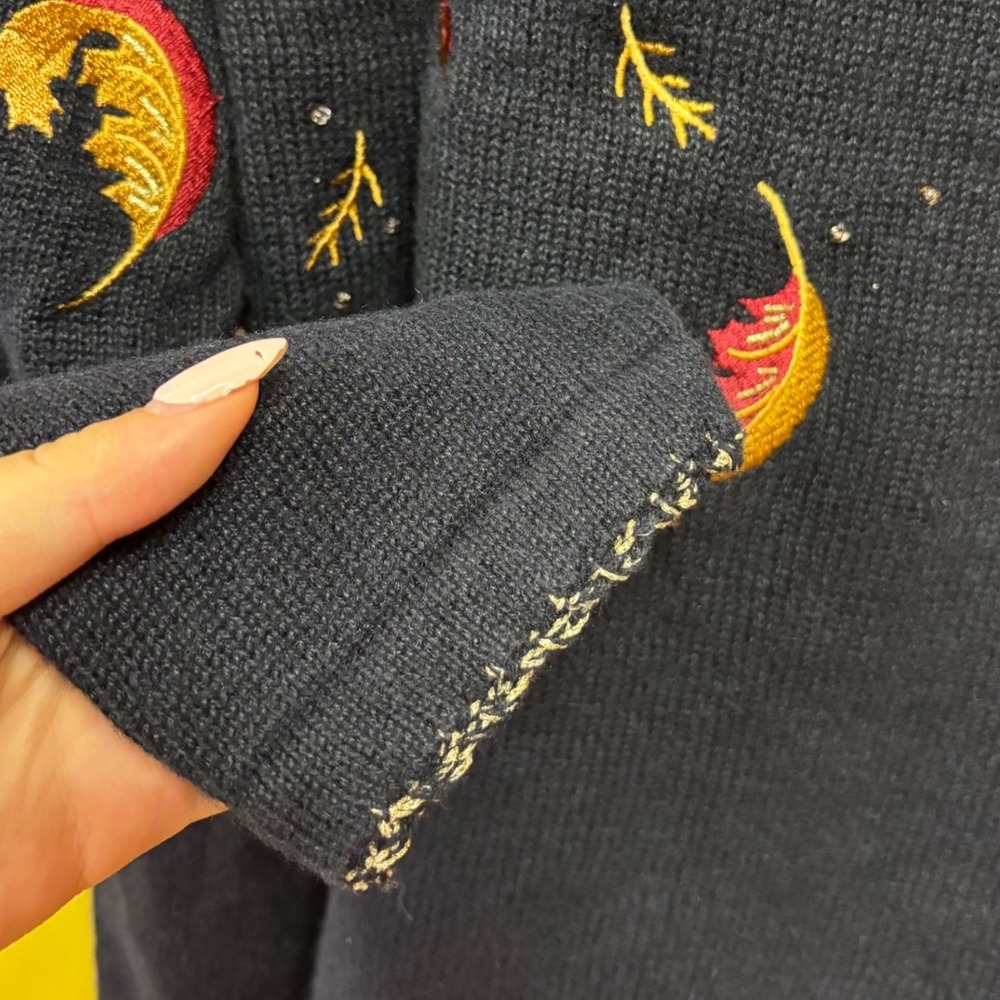 Christopher & Banks Vintage Hand Embroidered Leaf Cardigan Navy Blue Large Fall - Picture 8 of 8